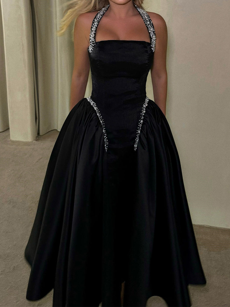 A-line Halter Beading Ankle-Length Satin Corset Prom Dress