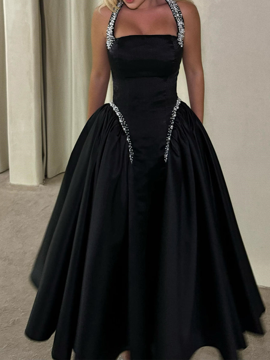 A-line Halter Beading Ankle-Length Satin Corset Prom Dress