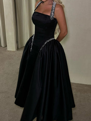 A-line Halter Beading Ankle-Length Satin Corset Prom Dress