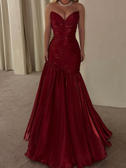 A-line Sweetheart Pleated Floor-Length Metallic Satin Corset Prom Dress