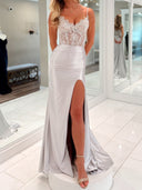 Sheath Spaghetti Straps Appliques Lace Sweep Train Silk Like Satin Corset Prom Dress