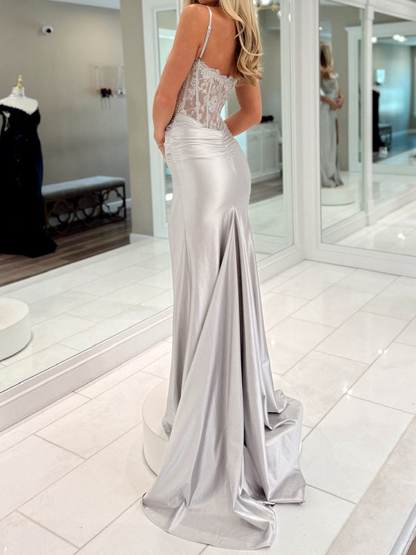 Sheath Spaghetti Straps Appliques Lace Sweep Train Silk Like Satin Corset Prom Dress