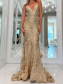 Sheath Spaghetti Straps Appliques Lace Sweep Train Silk Like Satin Corset Prom Dress