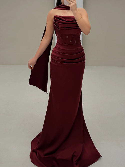 Sheath Straight Pleated Sweep Train Charmeuse Corset Prom Dress