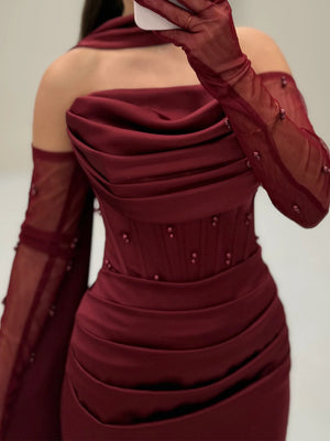 Sheath Straight Pleated Sweep Train Charmeuse Corset Prom Dress