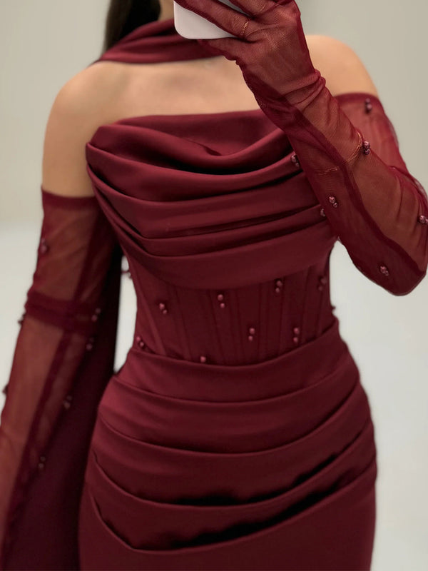 Sheath Straight Pleated Sweep Train Charmeuse Corset Prom Dress