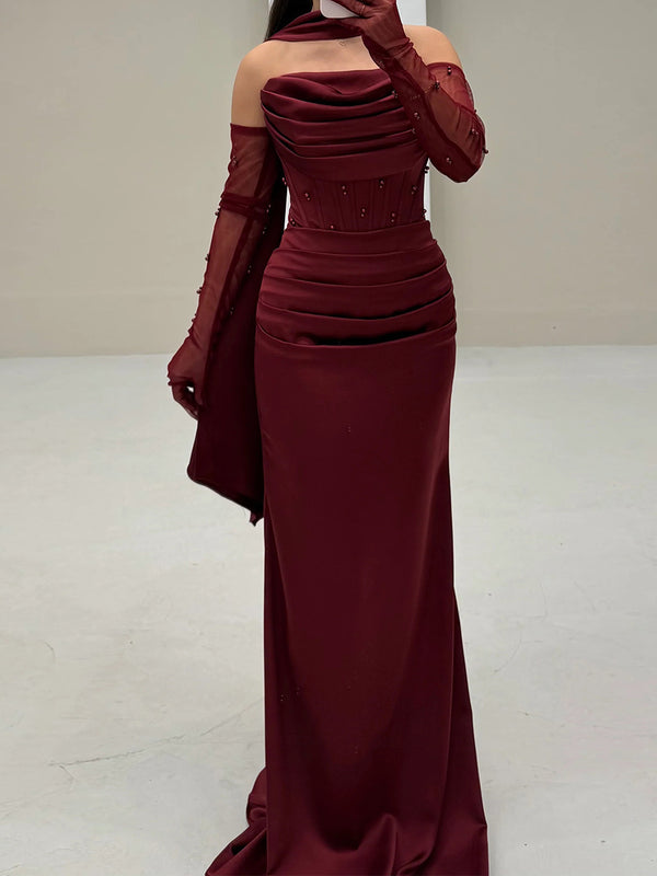 Sheath Straight Pleated Sweep Train Charmeuse Corset Prom Dress