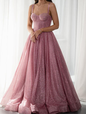 A-line Straps Ruffles Floor-Length Corset Prom Dress