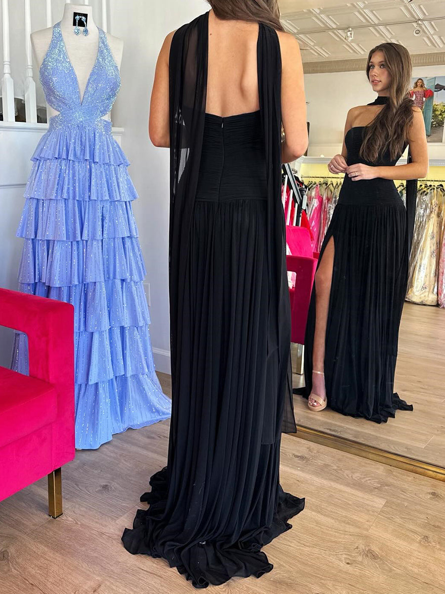 A-line Straight Pleated Sweep Train Chiffon Corset Prom Dress