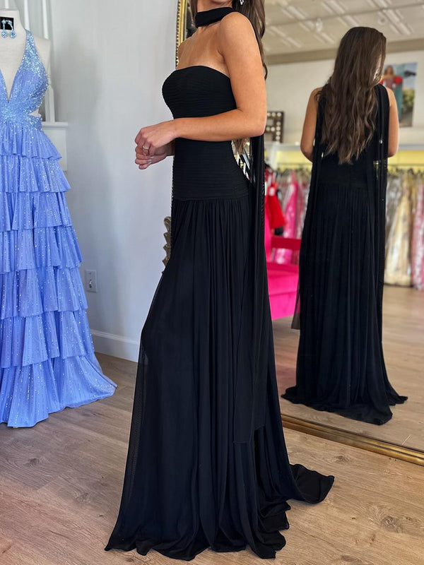 A-line Straight Pleated Sweep Train Chiffon Corset Prom Dress