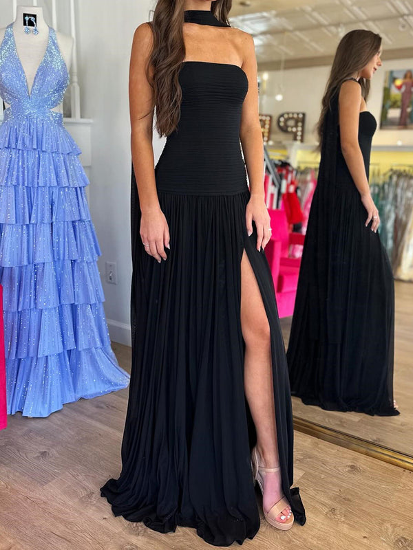A-line Straight Pleated Sweep Train Chiffon Corset Prom Dress