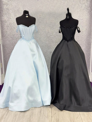 A-line Off-the-Shoulder Appliques Lace Floor-Length Satin Corset Prom Dress