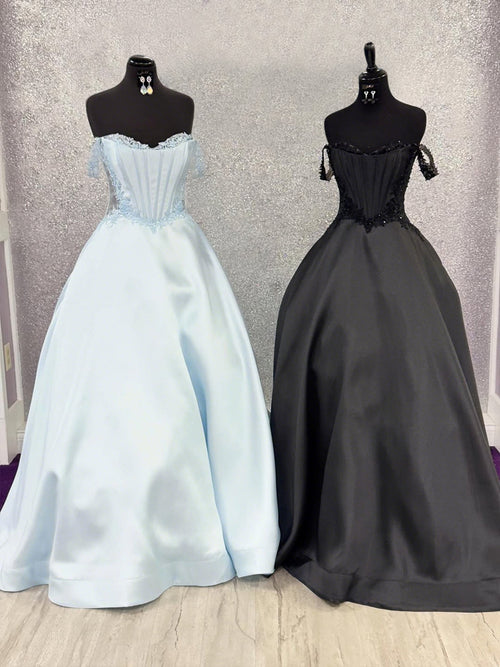 A-line Off-the-Shoulder Appliques Lace Floor-Length Satin Corset Prom Dress