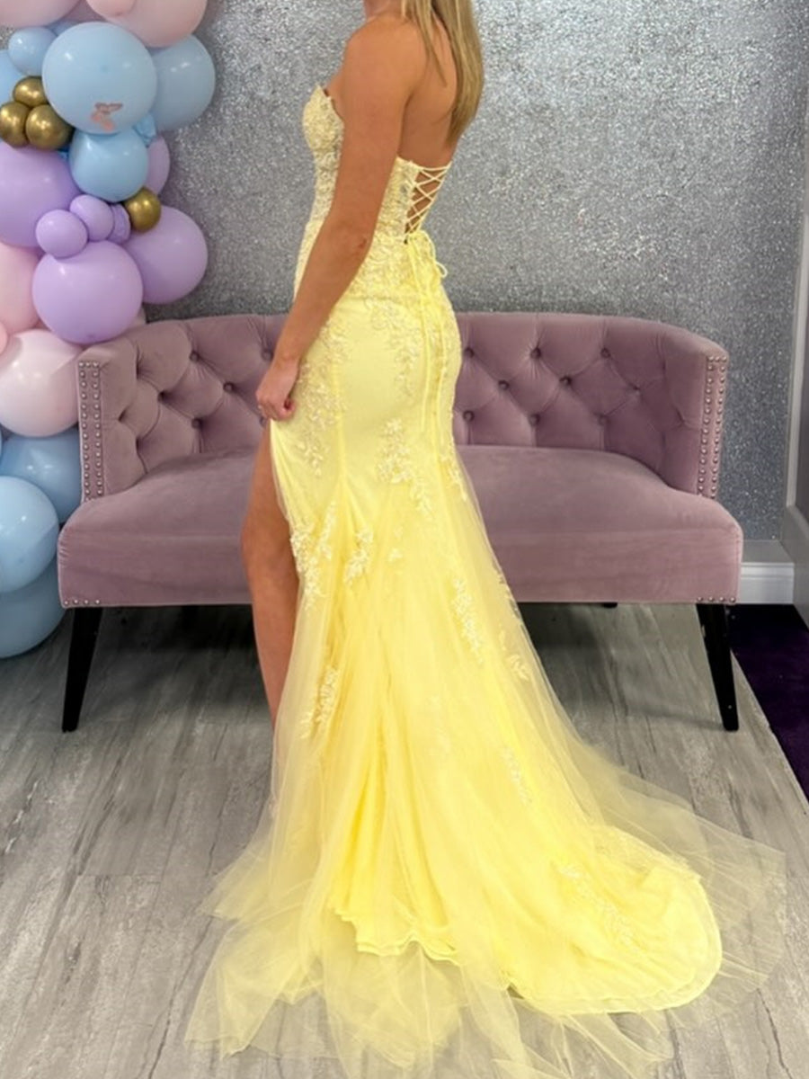 Sheath Sweetheart Appliques Lace Court Train Tulle Corset Prom Dress
