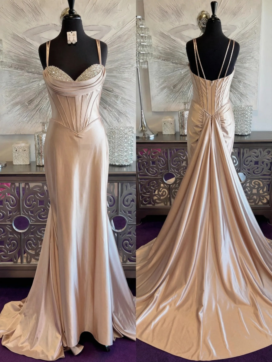Sheath Spaghetti Straps Beading Court Train Jersey Corset Prom Dress