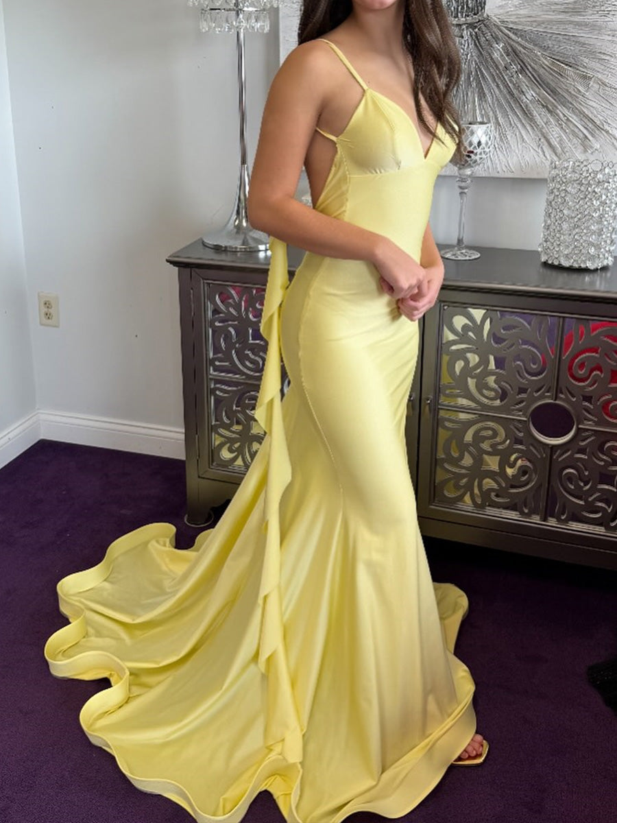 Mermaid Spaghetti Straps Ruffles Court Train Jersey Prom Dress