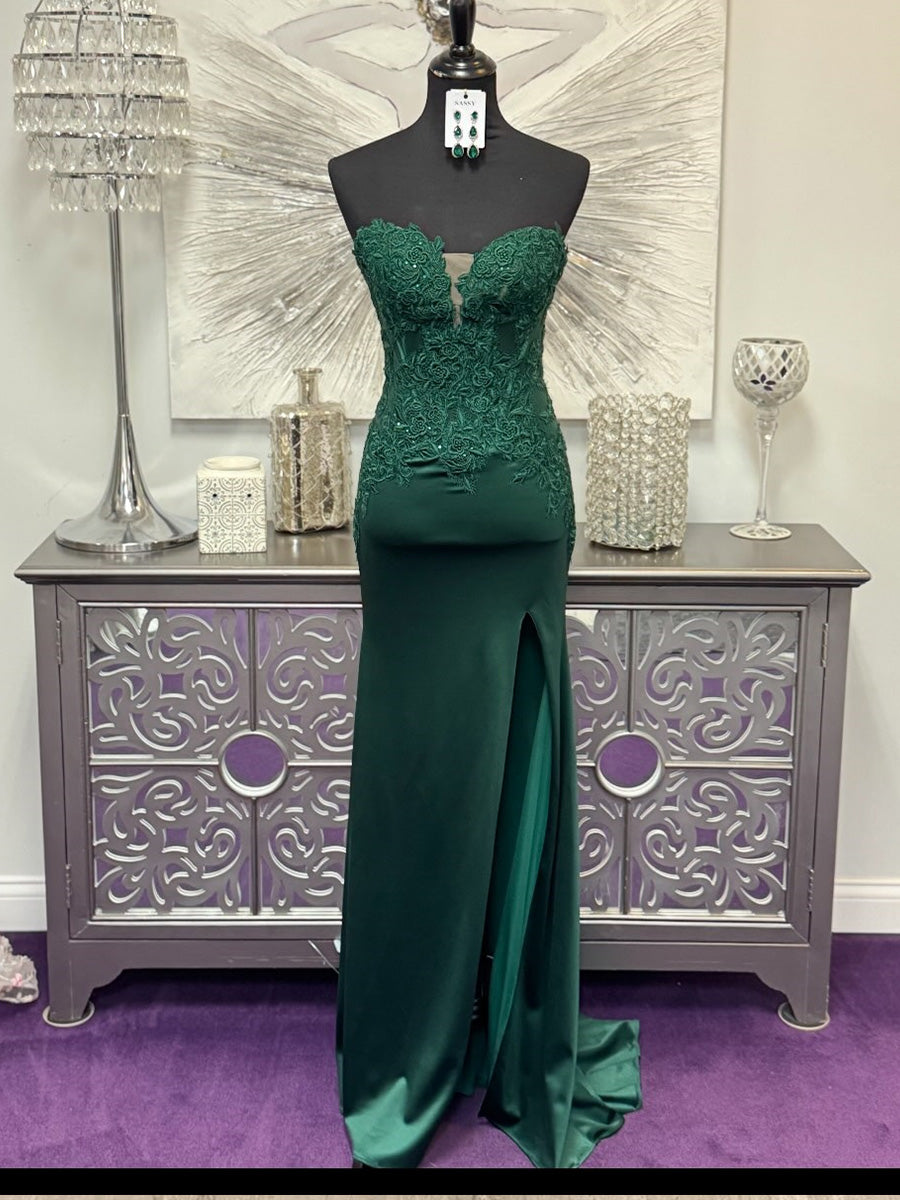Sheath Sweetheart Appliques Lace Sweep Train Silk Like Satin Corset Prom Dress