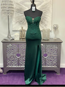 Sheath Sweetheart Appliques Lace Sweep Train Silk Like Satin Corset Prom Dress