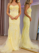 Sheath Sweetheart Appliques Lace Court Train Tulle Corset Prom Dress