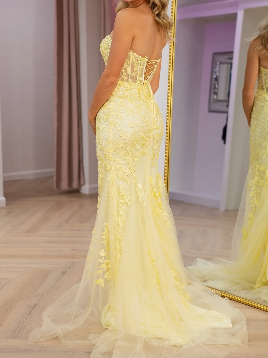 Sheath Sweetheart Appliques Lace Court Train Tulle Corset Prom Dress