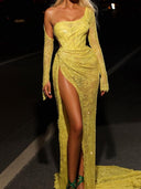 Sheath One-Shoulder Long Sleeves Pleated Chapel Train Corset Prom Dress