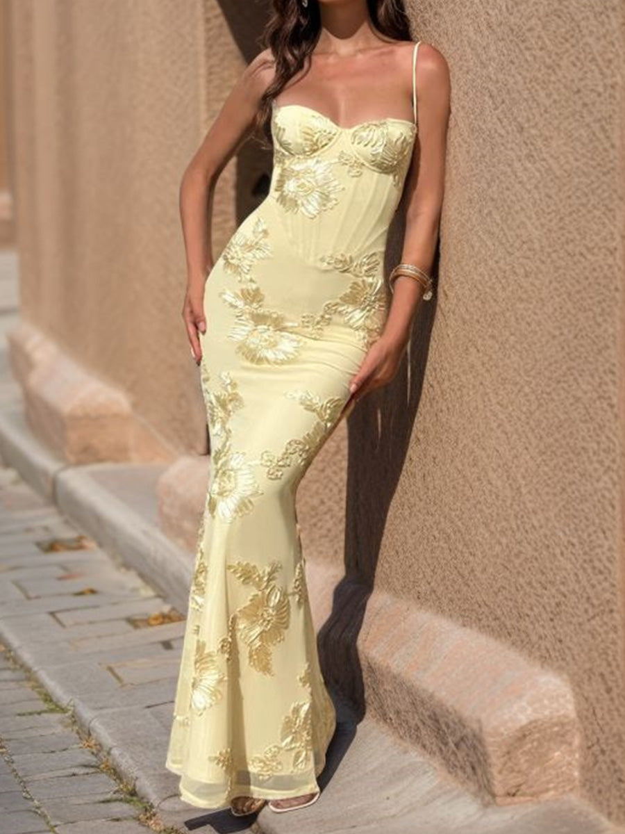 Sheath Spaghetti Straps Appliques Lace Floor-Length Tulle Prom Dress