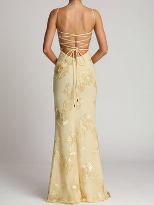 Sheath Spaghetti Straps Appliques Lace Floor-Length Tulle Prom Dress