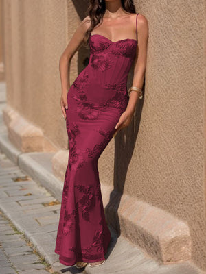 Sheath Spaghetti Straps Appliques Lace Floor-Length Tulle Prom Dress