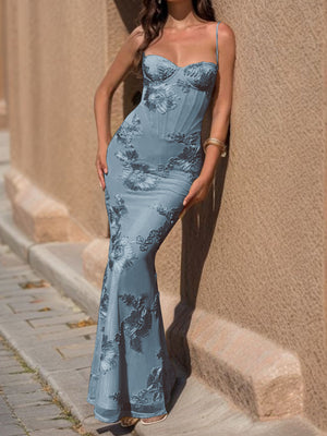 Sheath Spaghetti Straps Appliques Lace Floor-Length Tulle Prom Dress