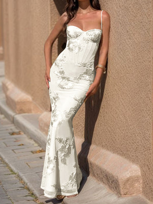 Sheath Spaghetti Straps Appliques Lace Floor-Length Tulle Prom Dress