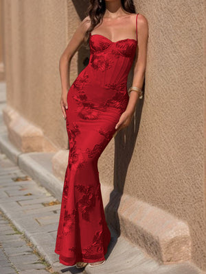 Sheath Spaghetti Straps Appliques Lace Floor-Length Tulle Prom Dress