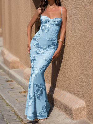 Sheath Spaghetti Straps Appliques Lace Floor-Length Tulle Prom Dress