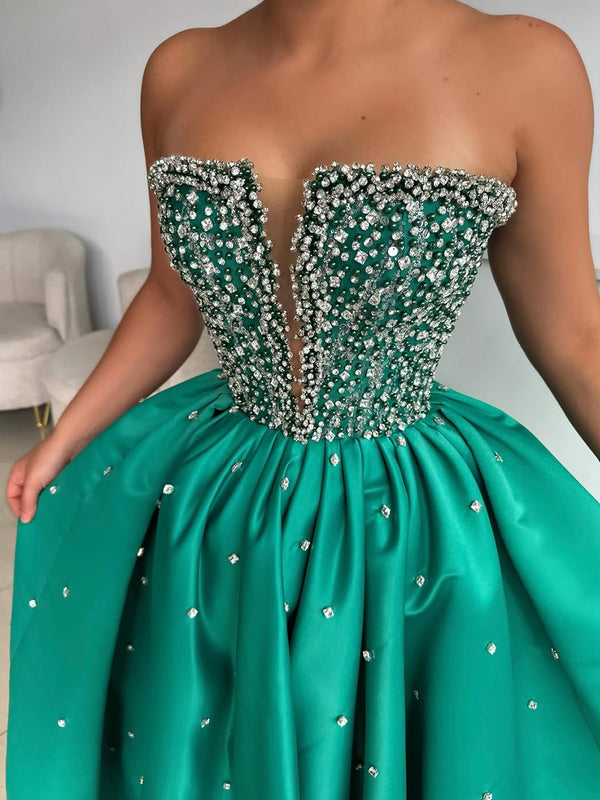 A-line Straight Rhinestone Floor-Length Satin Corset Prom Dress