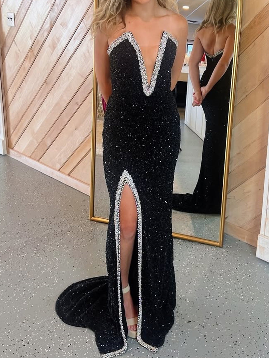 Sheath V-neck Beading Sweep Train Velvet Sequins Prom Dress