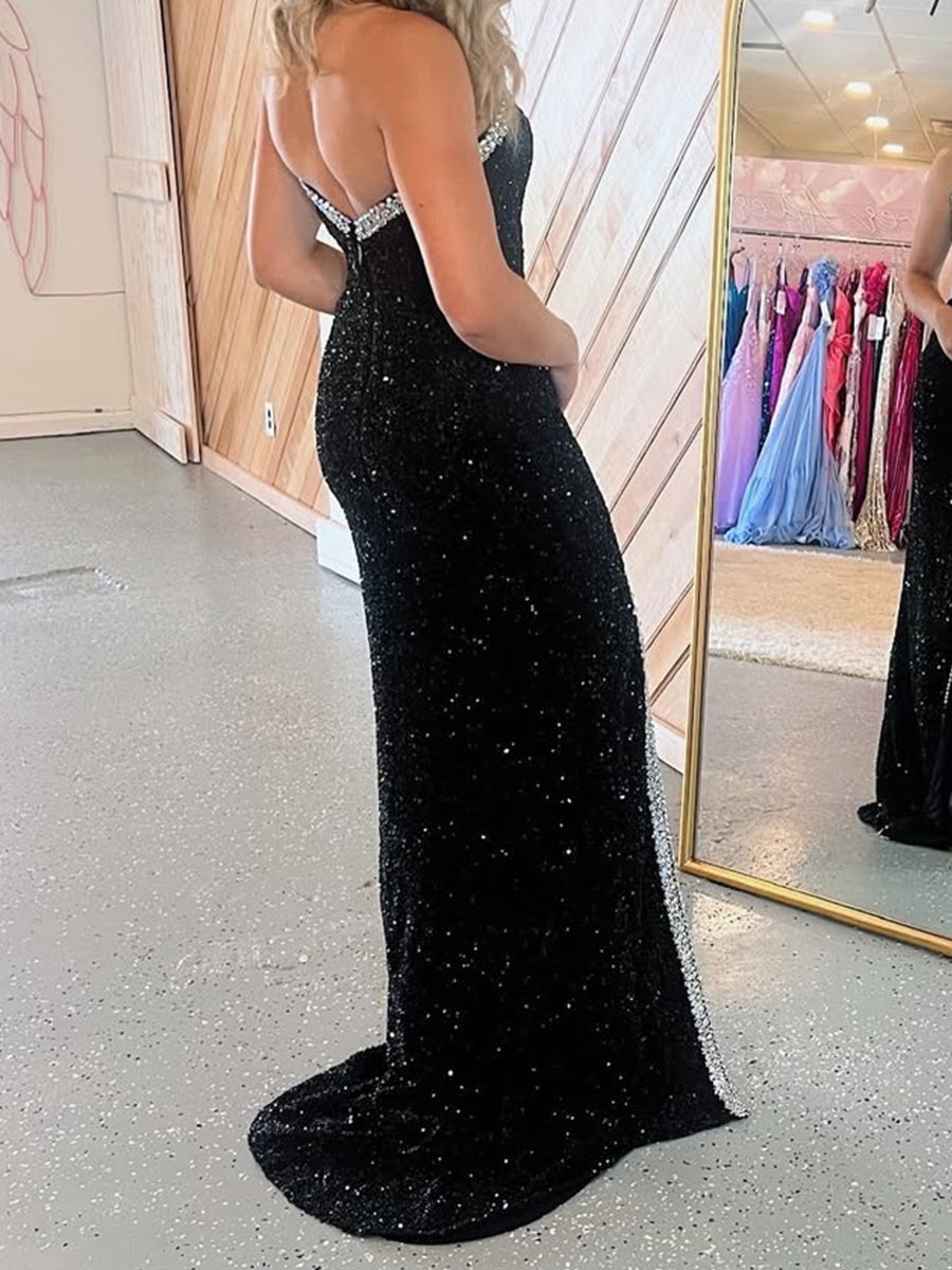 Sheath V-neck Beading Sweep Train Velvet Sequins Prom Dress