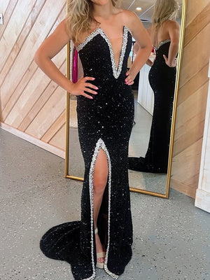 Sheath V-neck Beading Sweep Train Velvet Sequins Prom Dress