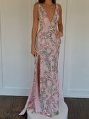 Sheath V-neck Bow Floor-Length Lace Prom Dress