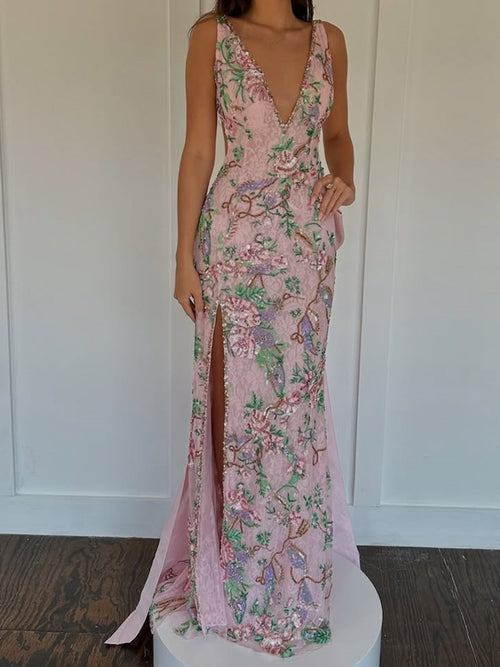 Sheath V-neck Bow Floor-Length Lace Prom Dress