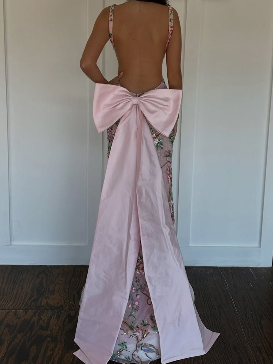 Sheath V-neck Bow Floor-Length Lace Prom Dress