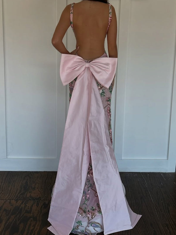 Sheath V-neck Bow Floor-Length Lace Prom Dress