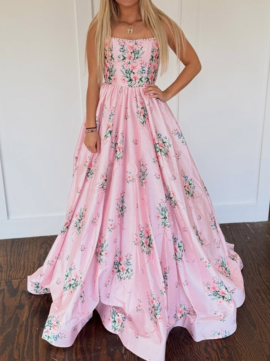 A-line Straight Beading Floor-Length Corset Prom Dress