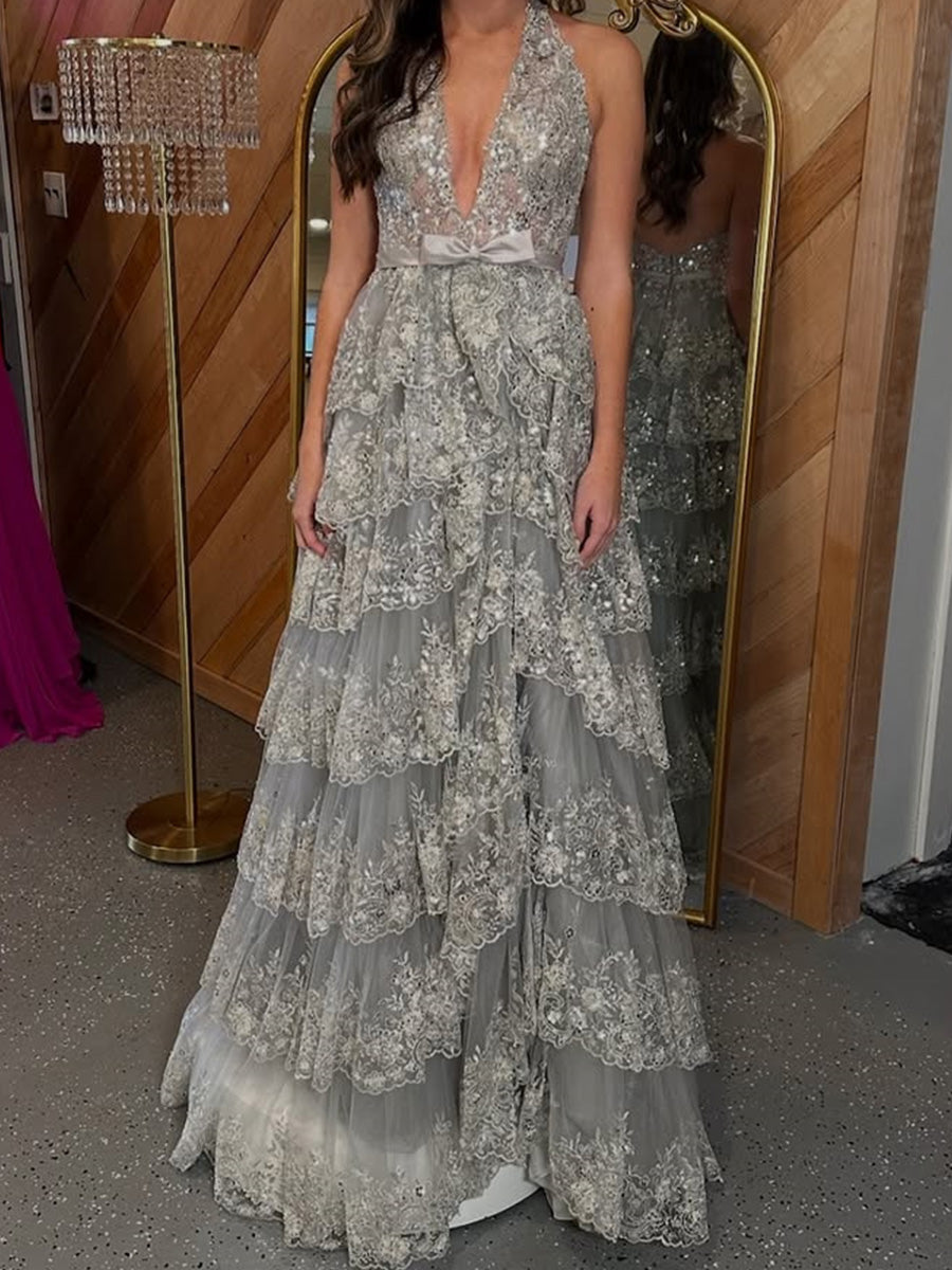 A-line V-neck Cascading Ruffles Floor-Length Tulle Corset Prom Dress