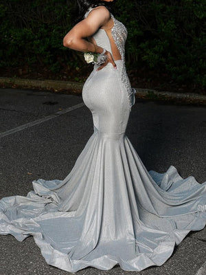 Mermaid Straps Rhinestone Court Train Prom Dress