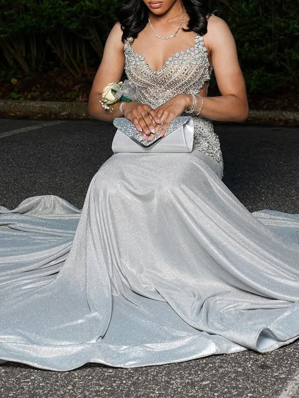 Mermaid Straps Rhinestone Court Train Prom Dress