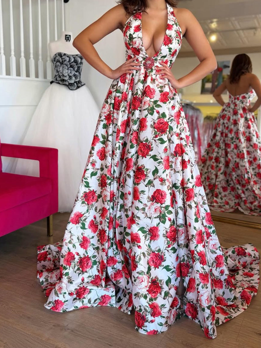 A-line V-neck Ruffles Floor-Length Silk Like Satin Prom Dress