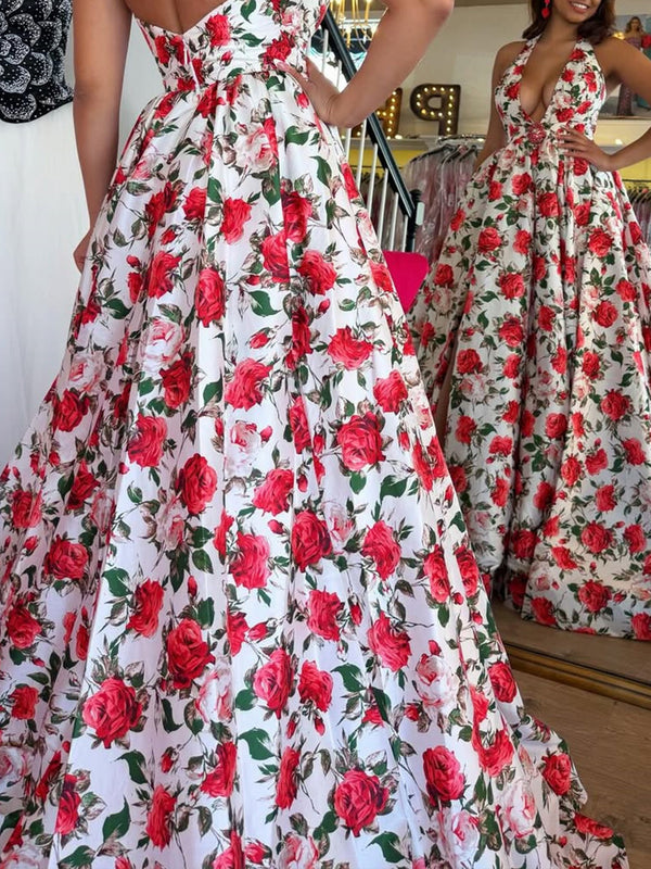 A-line V-neck Ruffles Floor-Length Silk Like Satin Prom Dress
