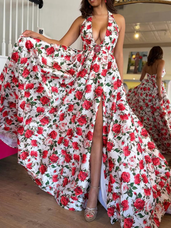 A-line V-neck Ruffles Floor-Length Silk Like Satin Prom Dress
