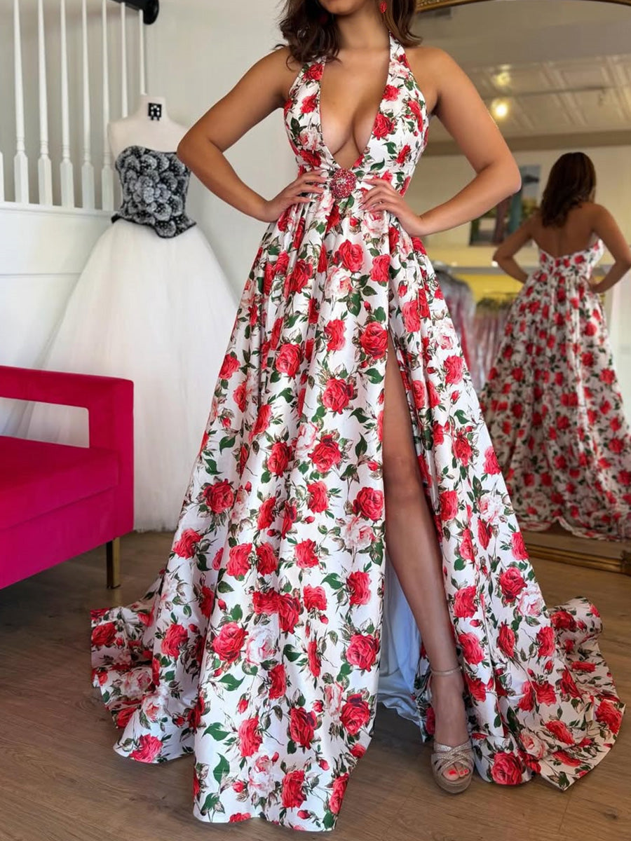 A-line V-neck Ruffles Floor-Length Silk Like Satin Prom Dress
