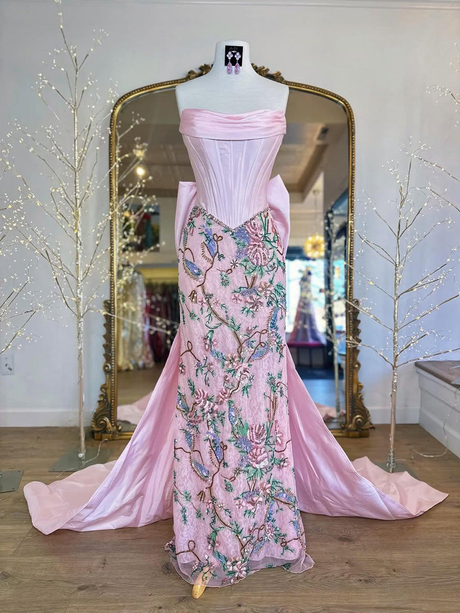 Sheath Straight Bow Sweep Train Satin Corset Prom Dress