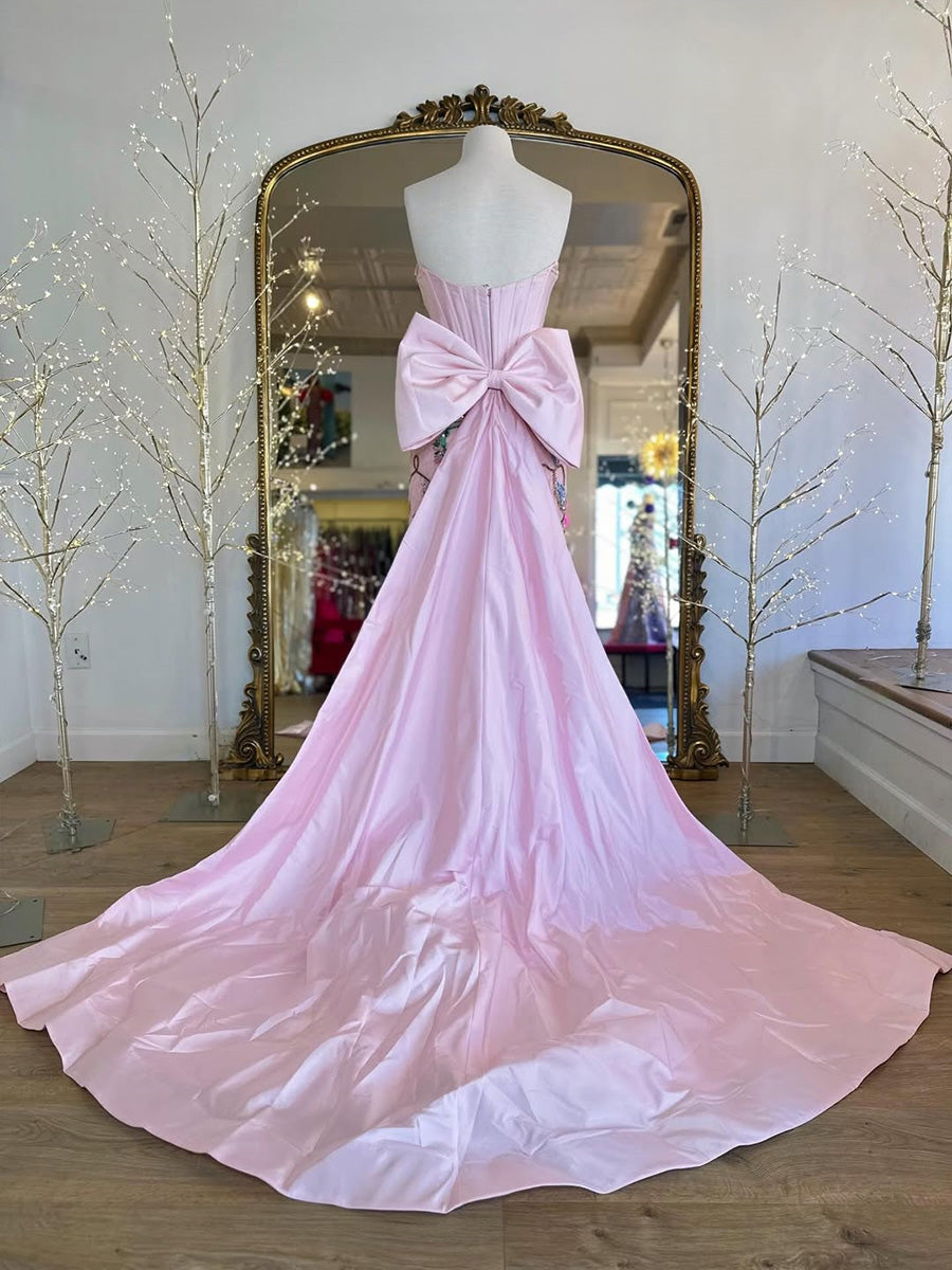 Sheath Straight Bow Sweep Train Satin Corset Prom Dress